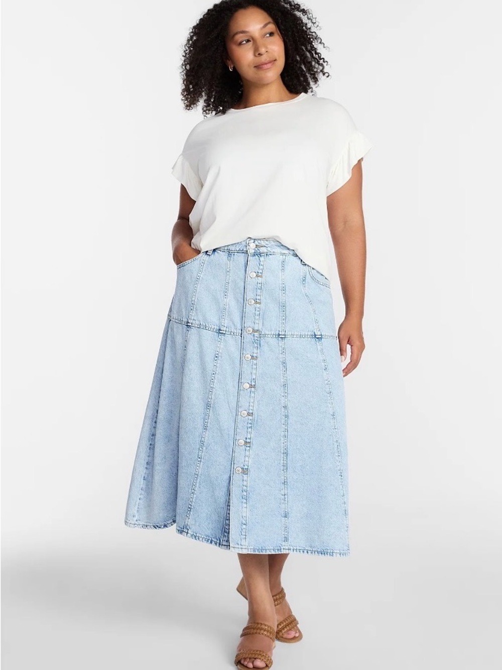 Terra & Sky Faded Blue Button-Front Denim Midi Skirt size 20W - Picture 3 of 10